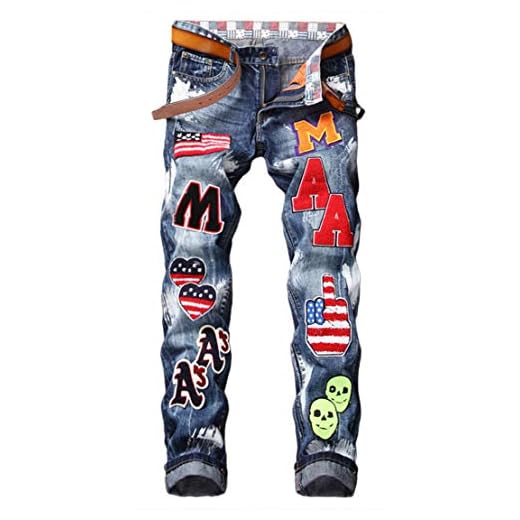 Enrica Men's Casual Straight Slim Paint Printed Jeans with Patches, Blue896, 32