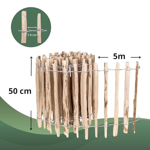 Creative Home Staketenzaun 50cm hoch und 5m lang | Haselnusszaun | Rollzaun | Lattenabstand 7-9 cm | Gartenzaun Holz Holzzaun | Zaun Garten Ideal als Rasenkante Blumenbeet Umrandung aus Haselnuss