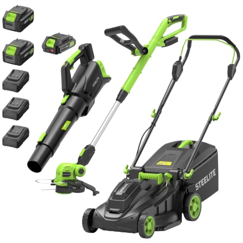STEELITE 40V(2×20V) 17-Inch Cordless Lawn Mower Combo, Brushless Electric Mower, 12-Inch Weed Wacker & 500CFM Leaf Blower, with 3 Batteries and 3 Chargers - Shipped in 2 Packages, delivery Separately