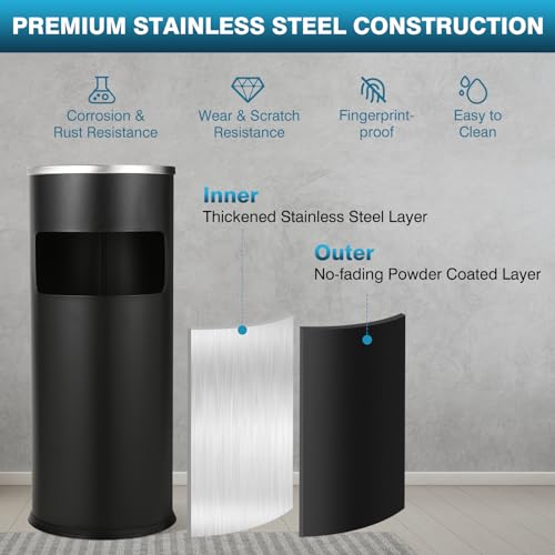 Image of IRONWALLS Outdoor /Indoor Trash Can with Lid, Black Stainless Steel Garbage Can Waste Bin Receptacle Container, Commercial Trash Can Round with Removable Tray & Inner Bucket for Office, Patio, Home