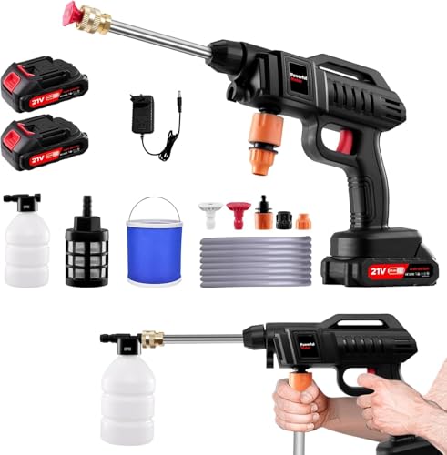 1500W Nettoyeur Haute Pression sans Fil avec 2 * 2Ah Batterie, 21V Nettoyeur Haute Pression Portable avec 2 Buses (0°,40°), 5m Tuyau, Seau, Connecteur, Pot en Mousse Adapté pour Nettoyer Les Voitures