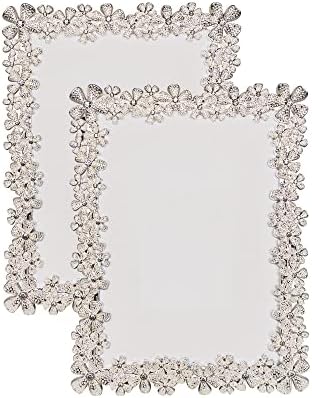 5x7 Inch Metal Picture Frames, Gift Photo Frame with High Definition Glass, Plated with Delicate Diamond Flowers Profile Display Photos for Wall or Tabletop, Vertical or Horizontal, Chrome, 2-Pack