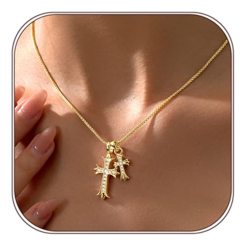 Partm Double Cross Necklace for Women Dainty Cross Pendant Choker 14K Gold Plated Trendy CZ Diamond Cross Charm Necklace Hypoallergenic Delicate Faith Jewelry Religious Gifts for Women