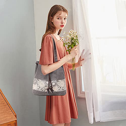 Image of Women Shoulder Bag Canvas Tote Bag Retro Drawstring Bucket Bag Ladies