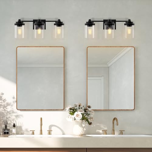 Image of Bathroom Vanity Light Fixture, 3-Light Modern Black Vanity Light Fixtures with Clear Glass Shade, Matte Black Bathroom Light Fixtures Over Mirror, Rustic Restroom Lighting Fixtures