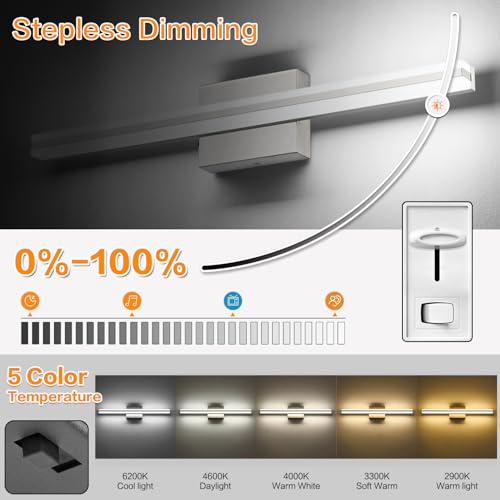 Image of SOLFART Bathroom Light Fixtures Over Mirror 24 Inch Brushed Nickel Modern Vanity Light 5CCT Adjustable Brightness LED Mirror Light Fixture Anti-Glare Lighting Wide Illumination