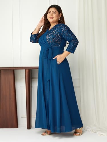Image of Miss Chase A+ Women's Floral Printed Relaxed Fit V -Neck 3 /4Th Sleeve Georgette Maxi Dress