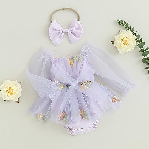 FYBITBO Newborn Baby Girl Romper Dress Floral Bowknot Long Puff Sleeve Layered Tulle Tutu Bodysuit Jumpsuit with Headband Set4