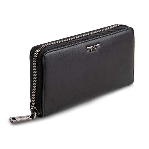 Image of BERLINER BAGS Genuine Leather Zip Wallet Women Lyon, Gift Box - Black | Soft Leather Zip Around Wallet, Fits up to Phone 6.9 inch, 15 Card Slots, 1 ID Window, 3 Bill Slots, 1 Coin Pocket, RFID Blocking