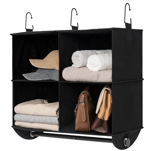 Image of StorageWorks Hanging Closet Organizer with Garment Rod, 4-Section Clothes Storage for Closet, 12 ¼" D x 24 ½" W x 28" H， Black