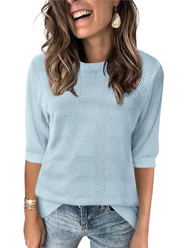 Image of Zeagoo Womens Loose Short Sleeve Tunic Tops Lightweight Crew Neck Crochet Knit Pullover Sweater Blouses
