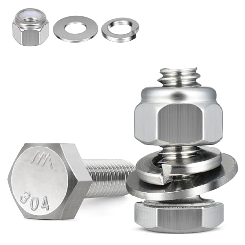 Image of (24 Sets) 1 /4-20 x 1 /2 inch Hex Head Screw Bolt,Lock Nuts,Flat & Lock Washers Kits,304 Stainless Steel 18-8,Fully Threaded