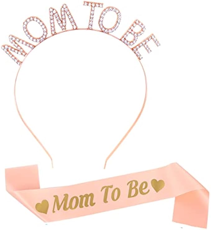 Sopopal Mom to Be Headband and Sash, Rose Gold Baby Shower Decorations Mommy to Be Sash and Rhinestone Crown Set for Mommy Boy Girls