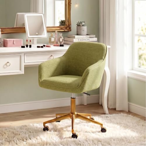 Image of Zesthouse Vanity Chair with Wheels for Girl Women, Swivel Office Desk Chair | Green Chenille Rolling Office Chair with Arms & Gold Base, Upholstered Fabric Desk Chair for Bedroom, Height Adjustable Chair