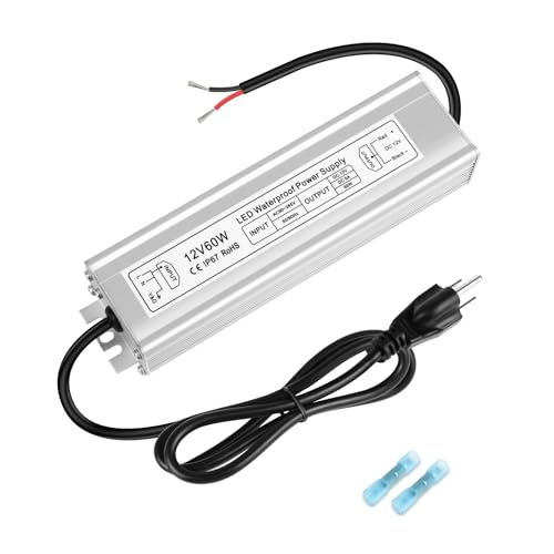 Image of 12V 60W LED Power Supply, IP67 Waterproof LED Driver Transformer, AC 90-265V to DC 12V 5A Low Voltage Converter for Outdoor Landscape Lighting and LED Strip Lights, 3-Prong Plug with 3.3FT Cable