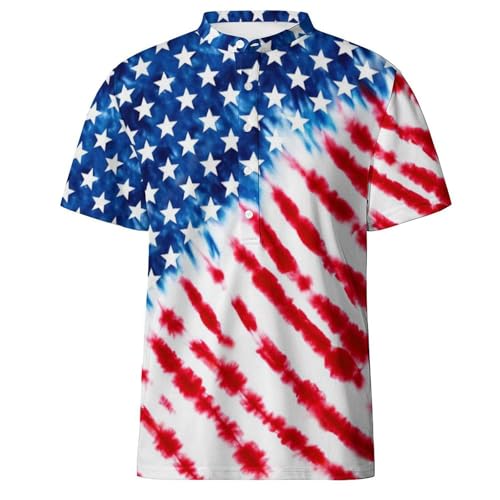 DOPINDU Mens Tie Dye Polo Shirts Collarless American Flag Print Henley Golf Shirts for Men Short Sleeve Quick Dry Tee Shirt