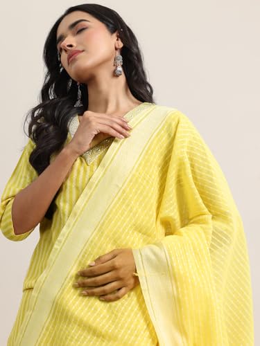 Image of Libas Woven Design Cotton Blend Straight Kurta With Salwar and Dupatta