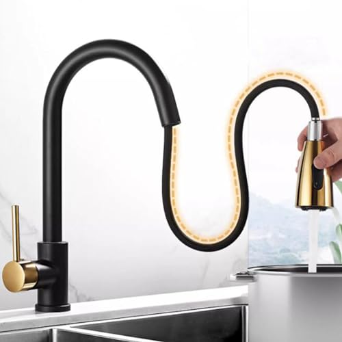 Küchenarmatur Ausziehbar, Wasserhahn Küche mit Brause, Messing 360° Schwenkbar, Mischbatterie Küche mit 2 Wasserstrahlarten, Spültischarmatur Ausziehbar Schwarz + Gold