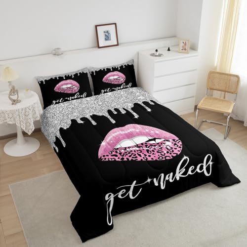 Image of Feelyou Pink Black Sexy Lips Comforter Set Twin, Get Naked Bedding Set Diamond Get Naked Comforter Kids Toddler Glitter Leopard Print Sexy Lips Duvet Set 2Pcs