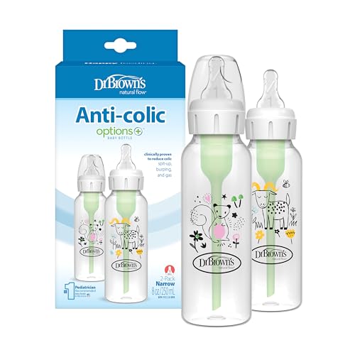 Dr. Brown’s Natural Flow Anti-Colic Options+ Narrow Baby Bottle, Squirrel & Goat, 8 oz/250 mL, with Level 1 Slow Flow Nipple, BPA Free, 0m+, 2-Pack