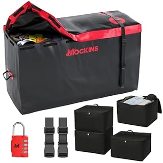 Mockins 15 CuFt Weatherproof Trailer Hitch Cargo Carrier Bag w/ 4 Packing Cubes | 48"x18"x31" Waterproof Cargo Bag for Hitch Carrier & Truck Bed Storage | Vehicle Soft-Shell Carriers w/Straps & Lock