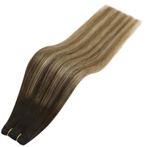 Image of Full Shine 24 Inch Machine Weft Hair Extensions 105G Brown Honey Blonde | Invisible Machine Tied Weft, Dark Brown To Honey Blonde Mix Ash Brown Balayage, Remy Human Hair, Hair Transformation