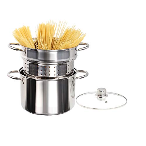 Casserole à spaghettis en acier inoxydable - À induction - Avec passoire - 3 parties - Cuiseur à asperges - 6 litres - Couvercle en verre