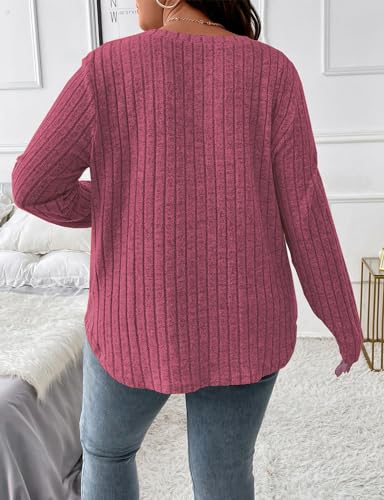 Image of Koscacy Women Plus Size Casual Knit Sweater V Neck Solid Color Tops Lightweight Long Sleeve Blouses