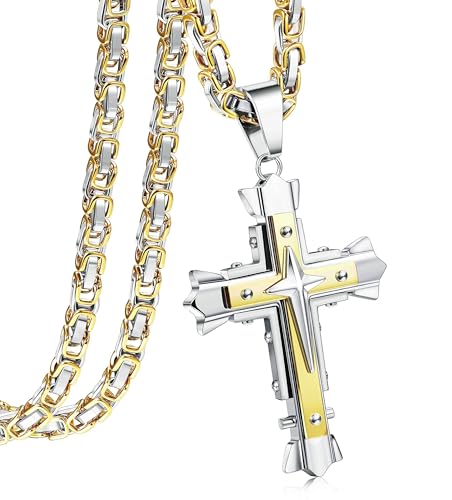 CASSIECA Kreuz Kette Herren Edelstahl Byzantinische Ketten Kreuz Anhänger für Jungs Herren Kreuz Halskette für Herren Jesus Kreuz Kette mit Königskette Gold 61cm CASSIECA Kreuz Kette Herren Edelstahl Byzantinische Ketten Kreuz Anhänger für Jungs Herren Kreuz Halskette für Herren Jesus Kreuz Kette mit Königskette Gold 61cm