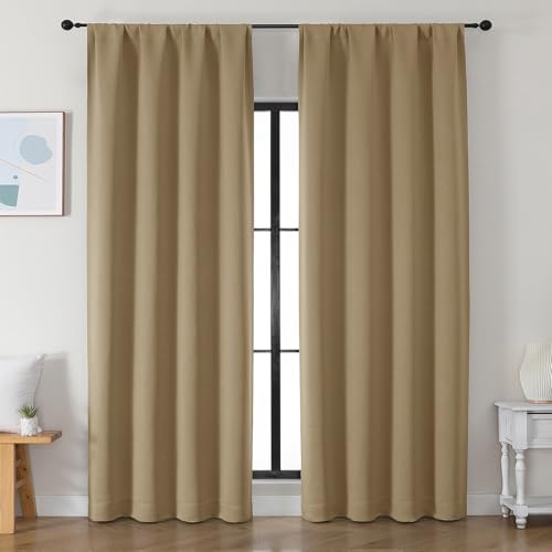 Simplebrand Ava Taupe Blackout Curtains for Bedroom 90 Inches Long 2 Panels Set, Solid Privacy Energy Saving Living Room Window Treatment Curtains Blackout Drapes, W50 x L90 Inch, Taupe