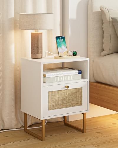Image of Rattan Nightstand with Charging Station, Boho Night Stand Farmhouse Wood Bedside Table with Storage and Open Shelf, End Side Accent Table for Bedroom,Living Room,White