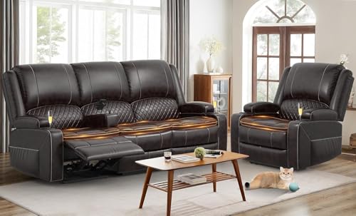 Yolsali 3 Seater Recliner Sofa Set with 2-Tier Cushion, 3+1 Pieces in Living Room, 3 Seater Reclining Couch Leather with Removable Console, 1 Oversize Recliner Chair Sofa Seat