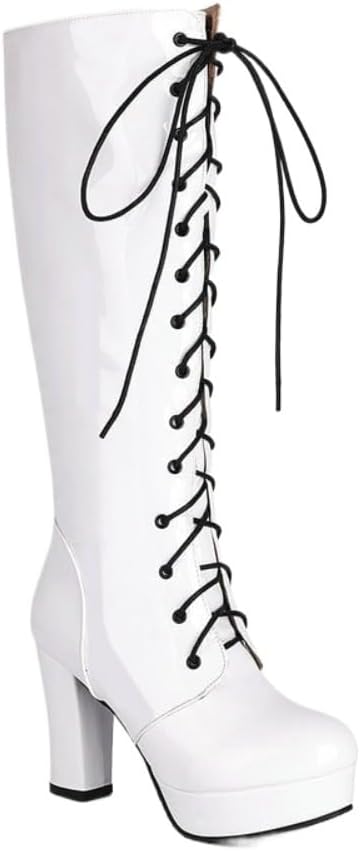 Hunters Shoes for Women Knee High Lace Up White Cowgirl Riding Boots, Tall Platform Chunky Heel Party Shoes Halloween Cosplay Costume for Girls