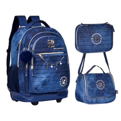 Kit Mochila de Rodinhas Lancheira Térmica e Estojo Rebecca Bonbon Em Jeans Matelassê e PVC RB24060