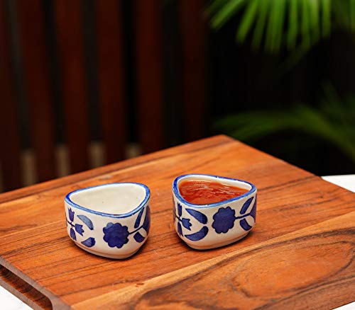 Image of Freakway Hand Painted White Ceramic Dip Bowls | Bowls Set of 2, 40Ml | Bowl for Serving Chutney Bowl /Pickle Bowl /Small (Blue Floral)