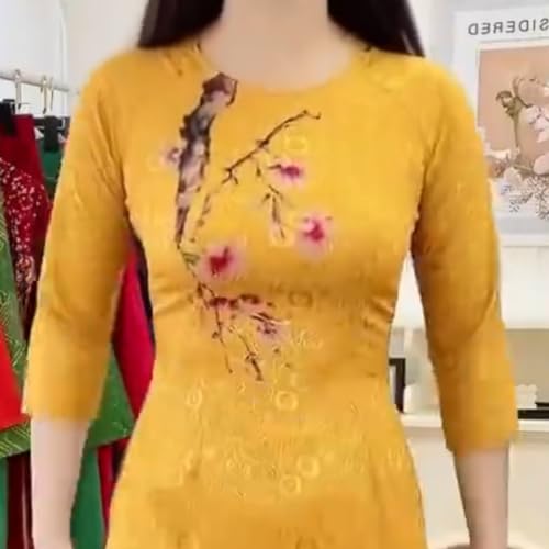 Traditional Vietnamese Ao Dai Set, 3/4 Sleeve, 4D HOA Print Ao Dai Dress, Yellow2