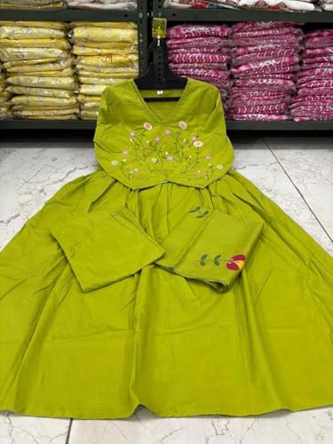 Image of Preeson Women's Pure Cotton Embroidery V Neck Kurti with Pants and Dupatta Set