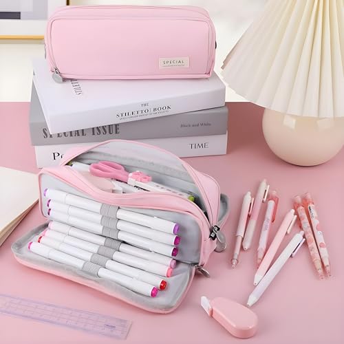 Image of Canvas Large Capacity Pencil Box for Girls & Boys, 3 Compartments Pen & Pencil Pouches, Aesthetic Stationery Pouch for School Kids College Students (Pink)