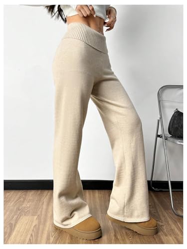 Verdusa Women's Fold Over Elastic Low Waist Lounge Pants Straight Leg Casual Sweater Pants4