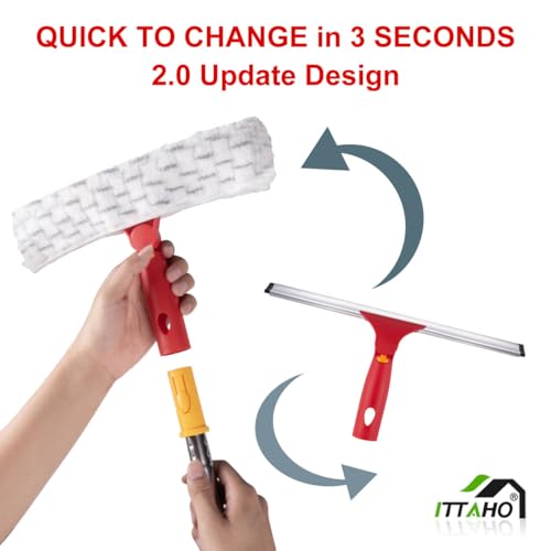Image of Squeegee for Window Cleaning, 12 inch Squeegee and 11 inch Microfiber Scrubber Combi with Stainless Steel Pole, Extendable Window Cleaner for Car, Sliding Door, Shower Glass Door-Swivel Style-2 Pads