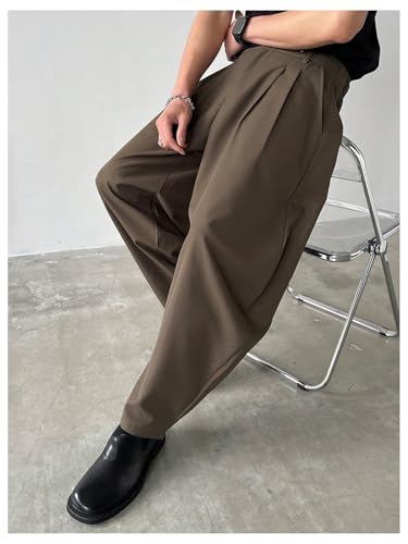 OYOANGLE Men's Pleated Mid-Rise Elastic Tapered Pants Loose Fit Casual Dress Pants with Pockets3