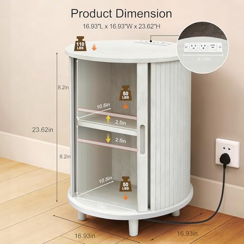 Image of DHH End Table Set of 2 with Storage & Charging Station, Fluted Accent Side Table with Sliding Door & Adjustable Shelf, Mid-Century Nightstand for Small Spaces, Living Room, Bedroom(2, White)