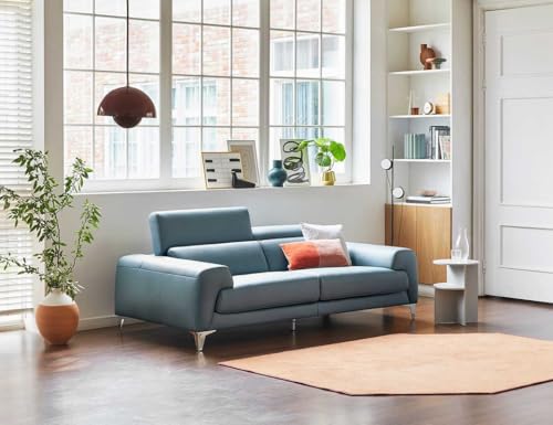 Image of Fabrique Narrow 3 Seater with Puffy Moden Design Leatherette Blue Sofa with Moveable Headrest Sturdy Design with a Lightweight Frame & Stainless Steel Legs | Furniture for Home Office & Living Room