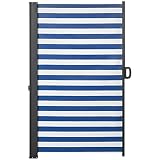 Outsunny Seitenmarkise Ausziehbar, 300 x 160cm Sichtschutzwand, Gartenmarkise mit UV-Schutz, Windschutz mit Metallrahmen, für Terrasse, Balkon, Polyester, Blau+Weiß