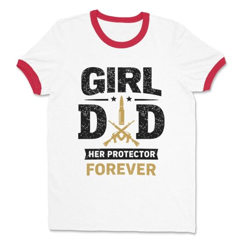Girl Dad Her Protector Forever Father's Day Ringer Tee Shirt Unisex Small White/Red