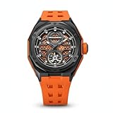 ROLENDO Orologio automatico da uomo con quadrante scheletro & Tourbillon, cassa in acciaio inox 316L e cinturino ibrido – 46 mm, lancette luminose per tutti i giorni e come regalo elegante, Colore