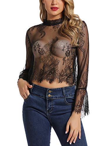 AdoreShe Women Long Sleeve Lingerie Sheer Tee Lace Trim Blouse Mesh Floral Clubwear Exposing Navel Top Shirt(Q010-Black-M)