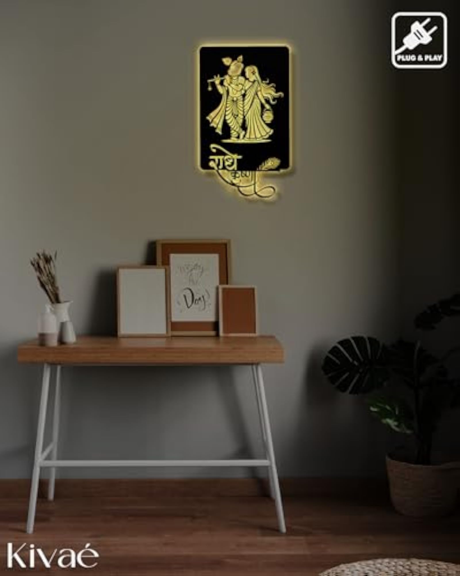 Radha Krishna Wooden Neon Light Backlit Wall Art