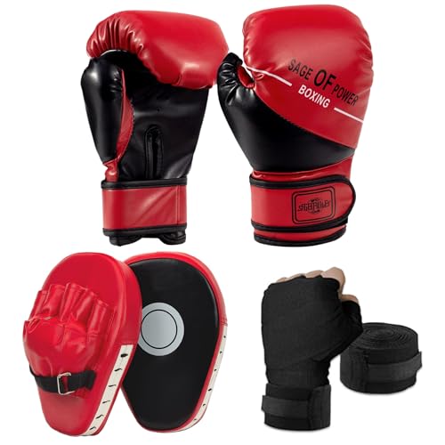 PARPIQ 3-in-1 Boxing Gloves and Punching Mitts Set for Kids, Boxing Mitts Focus Pads with Hand Wraps for Kid, Youth Leather Punching Equipment Gloves Set for MMA, Karate, Muay Thai, Taekwondo