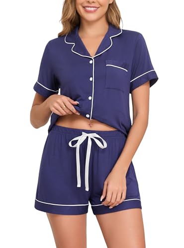Image of Veseacky Womens Pajamas Set Short Sleeve Sleepwear Button Down Pjs Comfy 2 Pieces Soft Lounge Set S-XXL